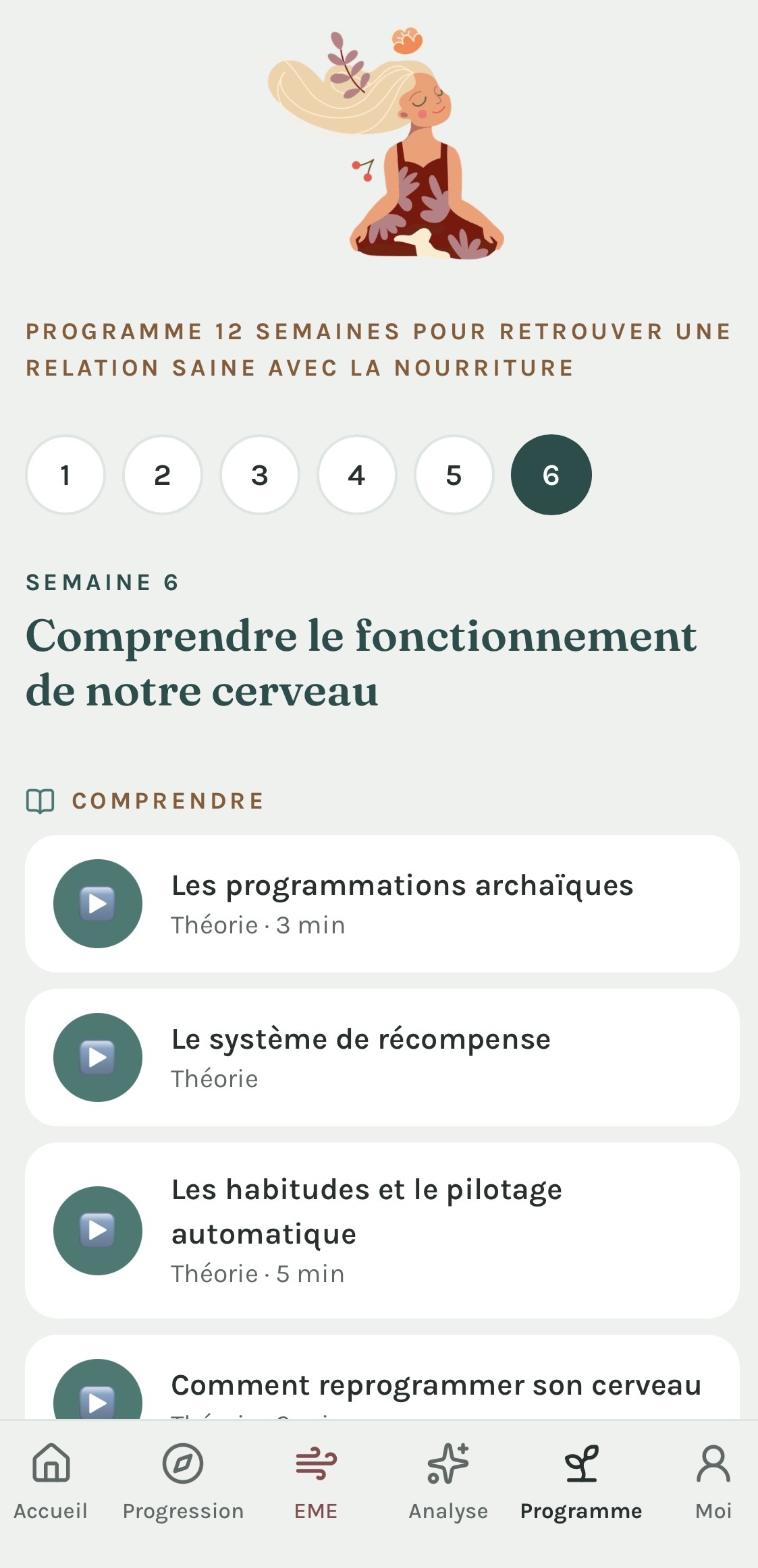 Écran Programme de l'application Andorfine Kitchen, semaine 6